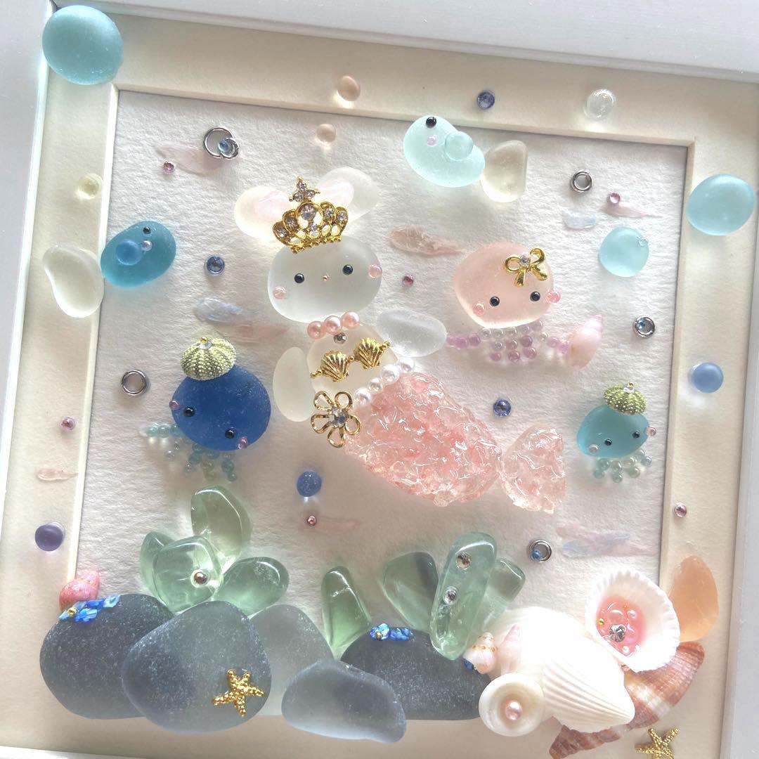 レア多数使用♡シーグラスガラスアート うさマーメイドとくらげさんの貝殻探し 海♡