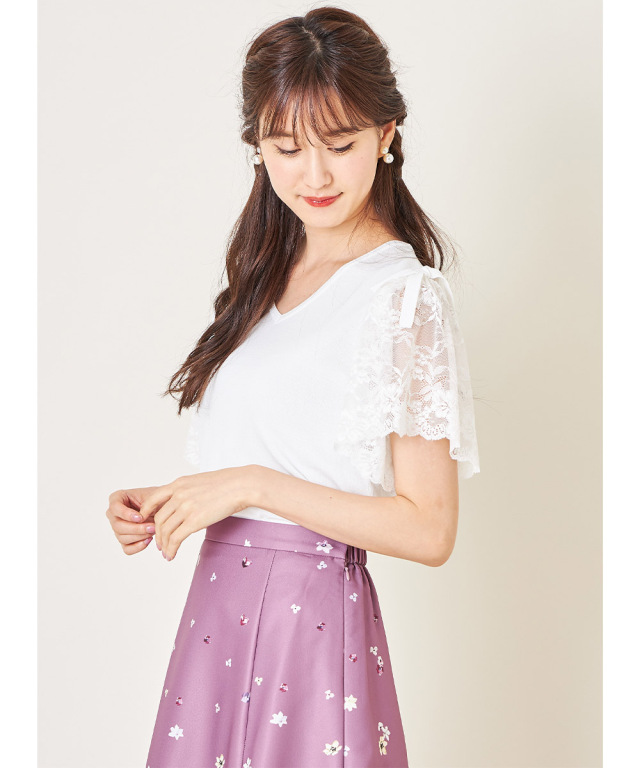 【新品】トッコ クローゼット フラワーレーススリーブ切替ニットワンピース 黒