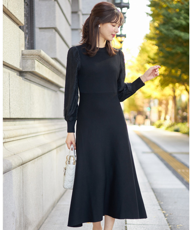 【新品】トッコ クローゼット フラワーレーススリーブ切替ニットワンピース 黒